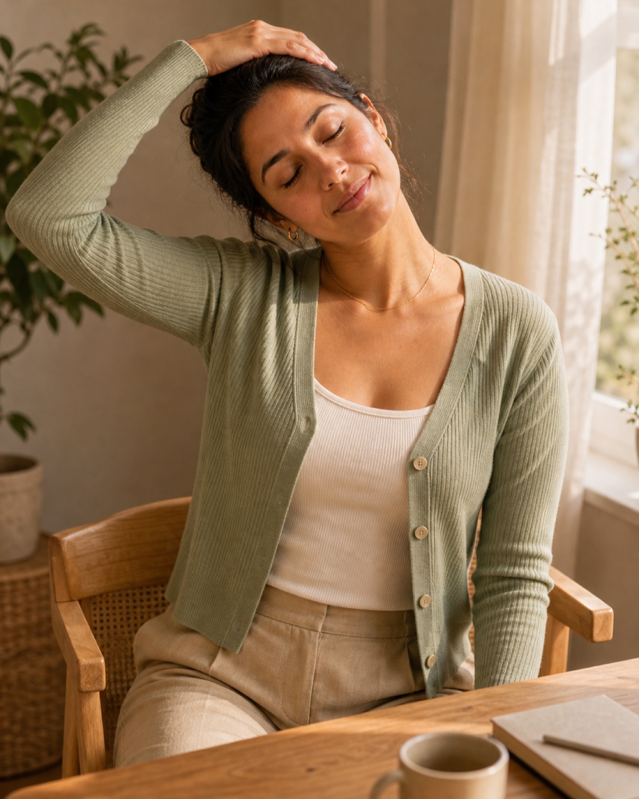 A relaxed desk-break stretch near a window