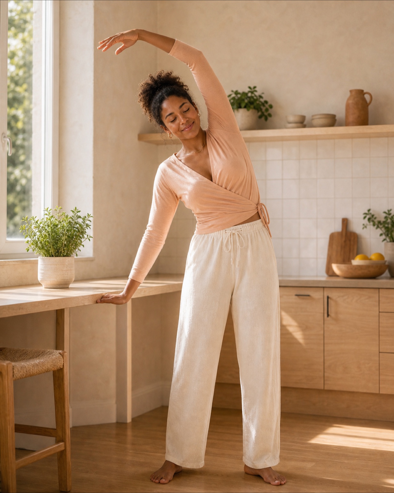 A calm morning stretch in a bright home kitchen