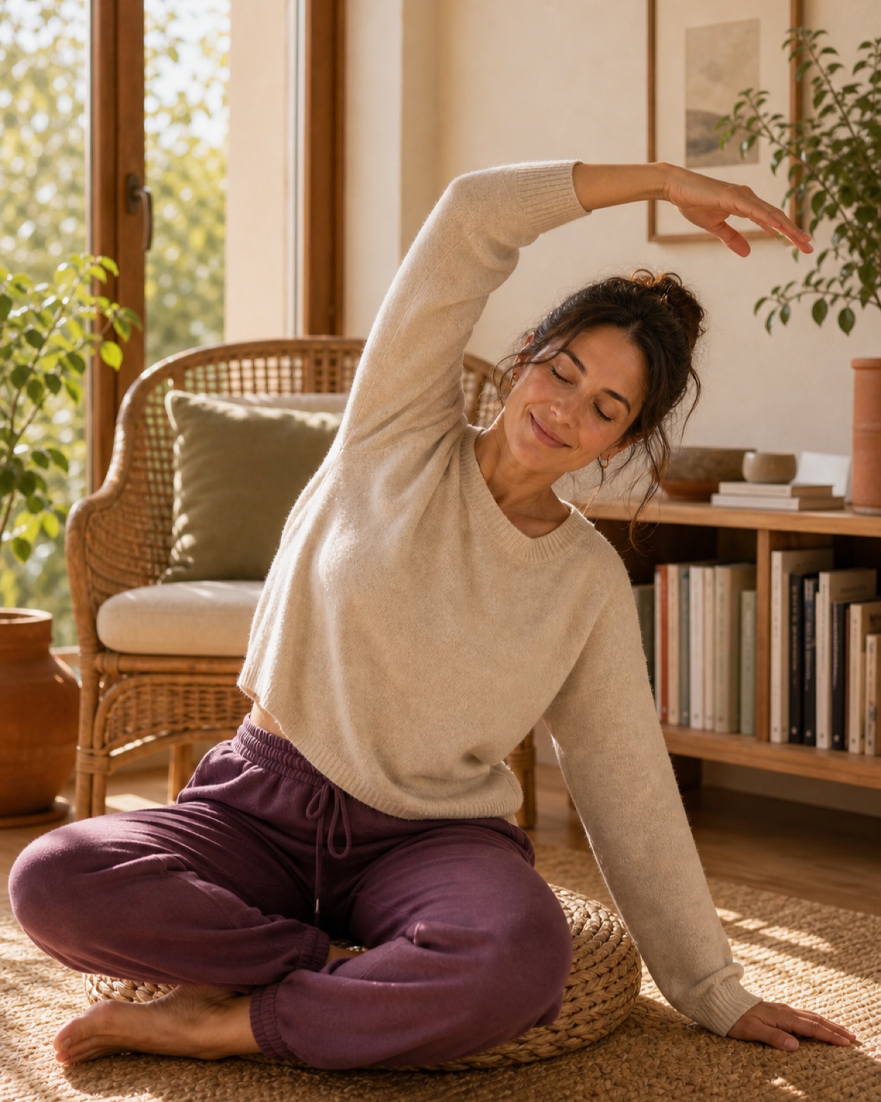 A relaxed weekend mobility stretch in a sunlit room